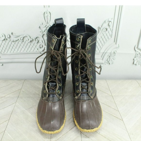 LL Bean Black Leather Lace Up Unlined Mid Calf Duck Boots Size 7 M - Picture 5 of 9